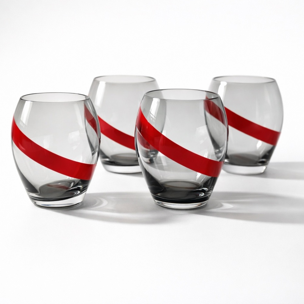 SET OF 4 G.H. MUMM CHAMPAGNE SMOKED GLASS STEMLESS WINE GLASSES RED STRIPE MCM‎